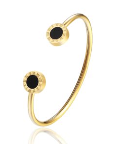 Roman Numerals Black Enamel Stainless Steel Open Bracelet | Timeless & Elegant Jewelry