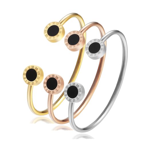 Roman Numerals Black Enamel Stainless Steel Open Bracelet | Timeless & Elegant Jewelry - Image 4