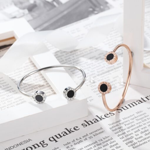 Roman Numerals Black Enamel Stainless Steel Open Bracelet | Timeless & Elegant Jewelry - Image 5