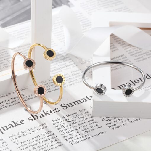 Roman Numerals Black Enamel Stainless Steel Open Bracelet | Timeless & Elegant Jewelry - Image 6