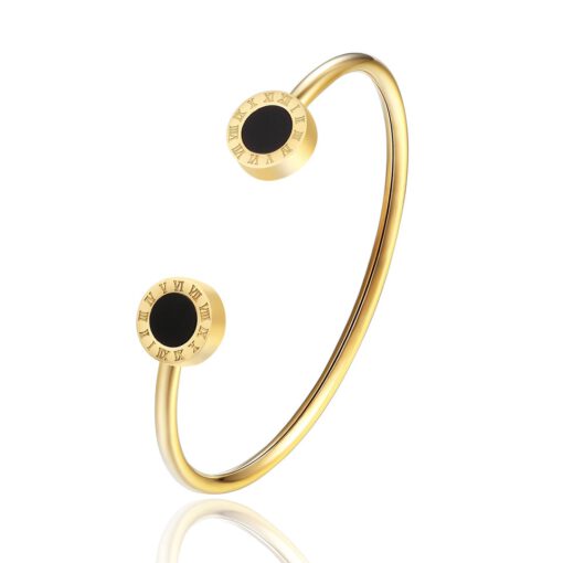 Roman Numerals Black Enamel Stainless Steel Open Bracelet | Timeless & Elegant Jewelry