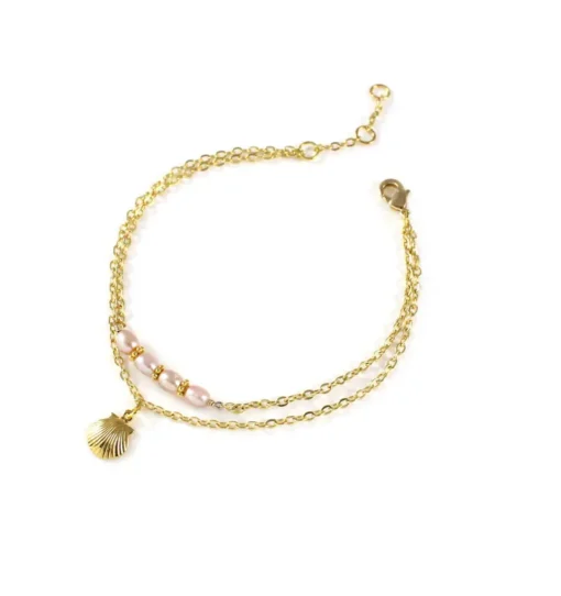 18K Gold Plated Double Chain Seashell Bracelet with Rose Pearls: A Coastal Elegance - Image 2
