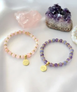 "Peace & Love" Rose Quartz - Amethyst Elastic Bracelet with 24K Lotus Flower Charm Healing & Elegant Jewelry