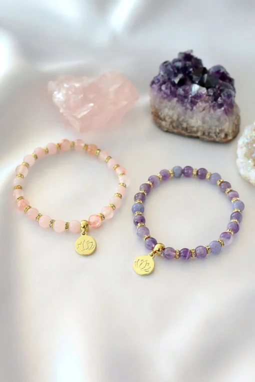 "Peace & Love" Rose Quartz - Amethyst Elastic Bracelet with 24K Lotus Flower Charm Healing & Elegant Jewelry
