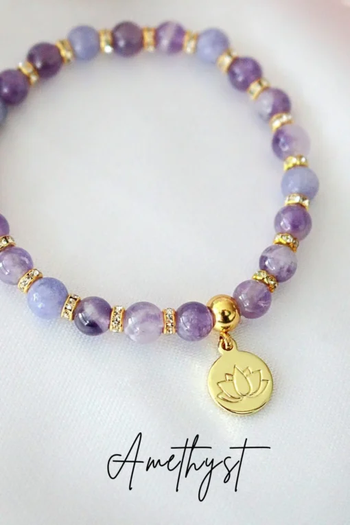 "Peace & Love" Rose Quartz - Amethyst Elastic Bracelet with 24K Lotus Flower Charm Healing & Elegant Jewelry - Image 3