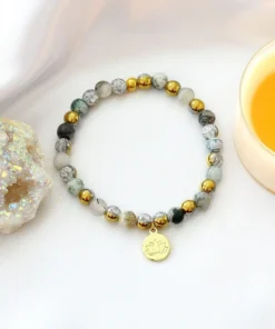 Mossy Agate Elastic Bracelet | 24K Lotus Flower