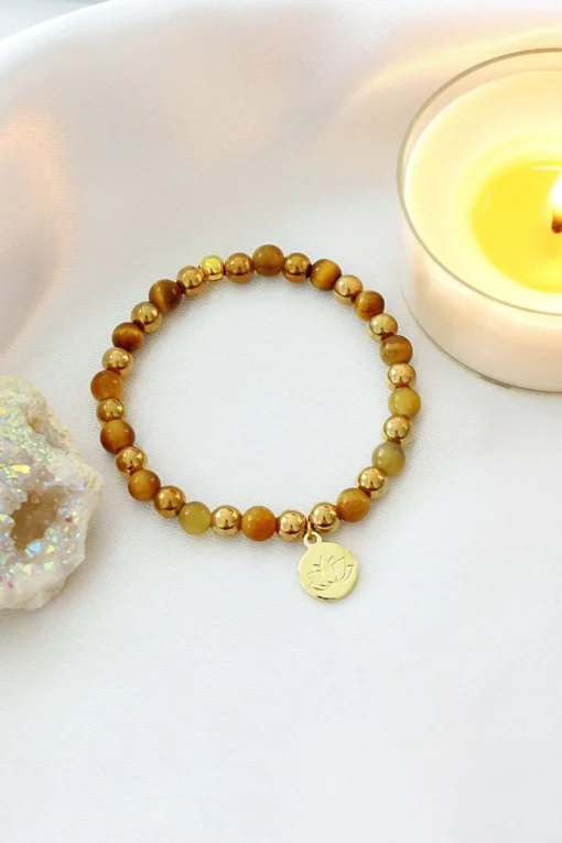 Tiger's Eye Stone Elastic Bracelet | 24K Gold Lotus Flower Amulet for Protection & Positive Energy