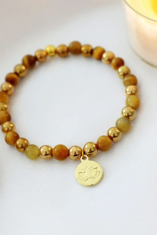 Tiger's Eye Stone Elastic Bracelet | 24K Gold Lotus Flower Amulet for Protection & Positive Energy - Image 2