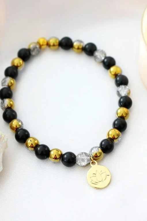 Obsidian Elastic Bracelet | 24K Lotus Flower - Image 2