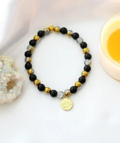 Obsidian Elastic Bracelet | 24K Lotus Flower