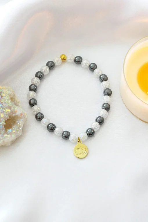 Hematite Elastic Bracelet | 24K Lotus Flower