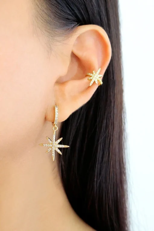 "Polaris Star" | 24K Gold-Plated Hoops with Star Charm & Diamond-Cut Cubic Zirconia - Image 2