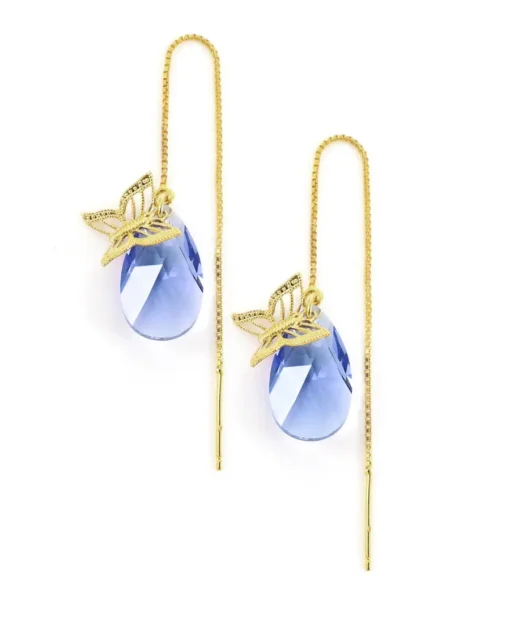 18K Gold plated Threader Earrings with Butterflies and Tanzanite Drops - Image 2