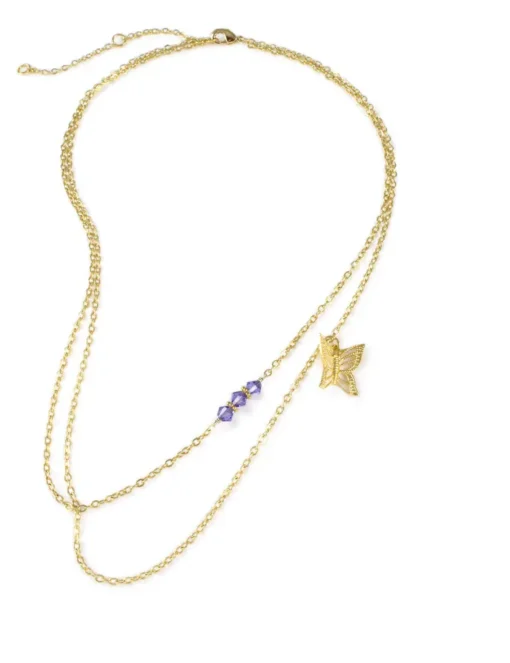 18K gold plated double chain butterfly necklace with Tanzanite crystals - Image 2