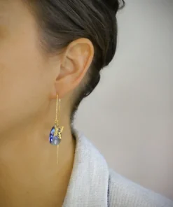 18K Gold plated Threader Earrings with Butterflies and Tanzanite Drops