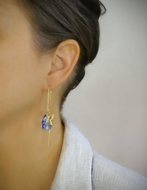 18K Gold plated Threader Earrings with Butterflies and Tanzanite Drops