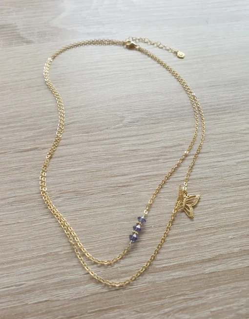 18K gold plated double chain butterfly necklace with Tanzanite crystals - Image 3