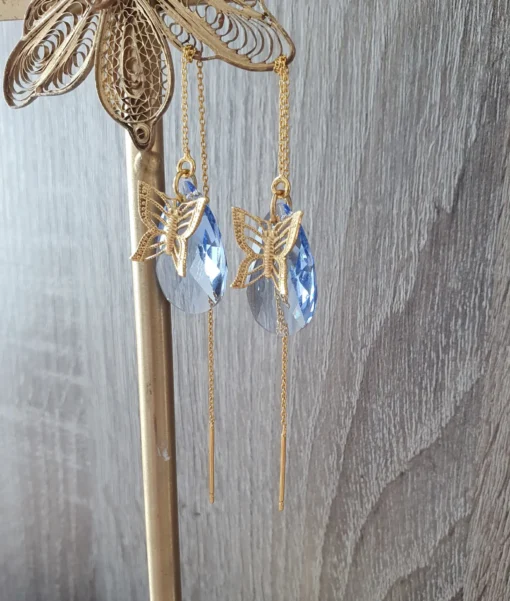 18K Gold plated Threader Earrings with Butterflies and Tanzanite Drops - Image 3