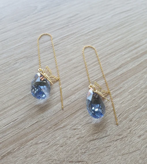 18K Gold plated Threader Earrings with Butterflies and Tanzanite Drops - Image 4