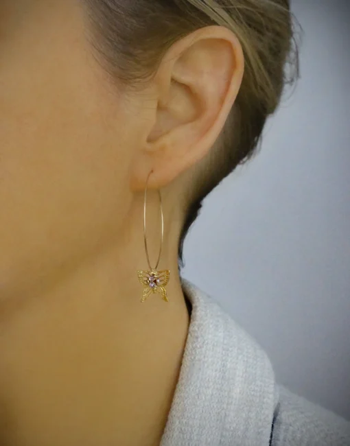 Elegant Butterflies Hoop Earrings – 18K Gold & Crystals