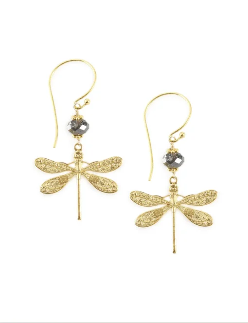 Gold Plated Dragonfly Earrings with Black Diamond Crystals: A Sparkling Touch of Elegance and Transformation