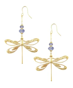 Enchanting 18K Gold-Plated Dragonfly Earrings with Sparkling Tanzanite Crystals – A Symbol of Transformation and Elegance