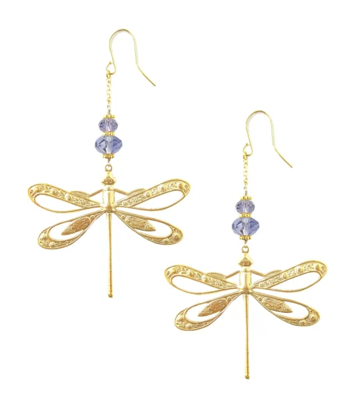 Enchanting 18K Gold-Plated Dragonfly Earrings with Sparkling Tanzanite Crystals – A Symbol of Transformation and Elegance