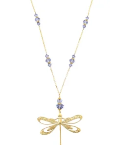 Graceful Dragonfly 18K gold plated long necklace with sparkling Tanzanite crystals