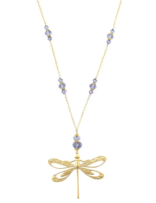 Graceful Dragonfly 18K gold plated long necklace with sparkling Tanzanite crystals
