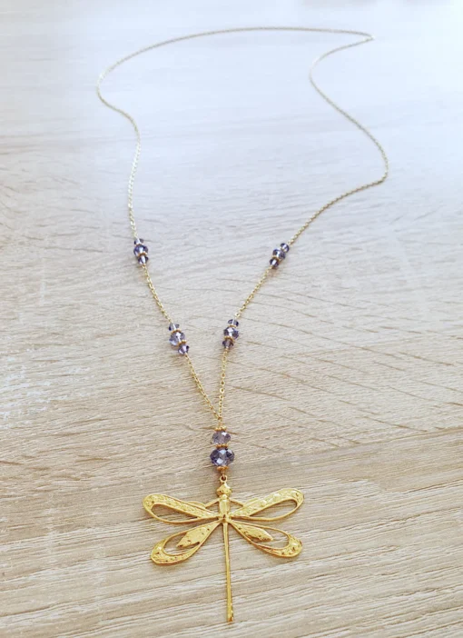 Graceful Dragonfly | 18K Gold Plated Long Necklace with Tanzanite Crystals - Image 3