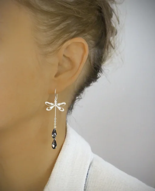 Rhodium Plated Dragonfly Earrings with Black Diamond Drops - Image 2