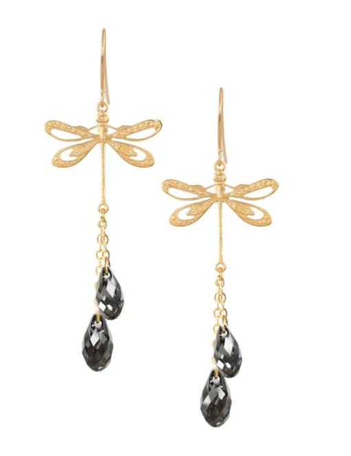 18K Gold plated dragonfly earrings with Black Diamond drops