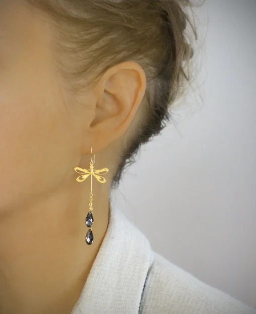 18K Gold plated dragonfly earrings with Black Diamond drops - Image 2