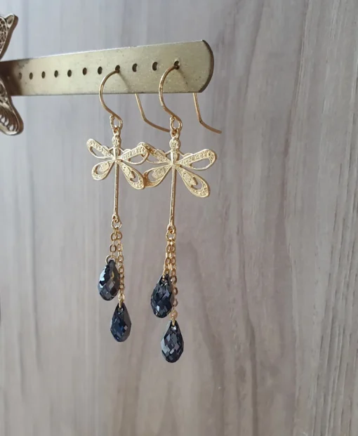 18K Gold plated dragonfly earrings with Black Diamond drops - Image 3