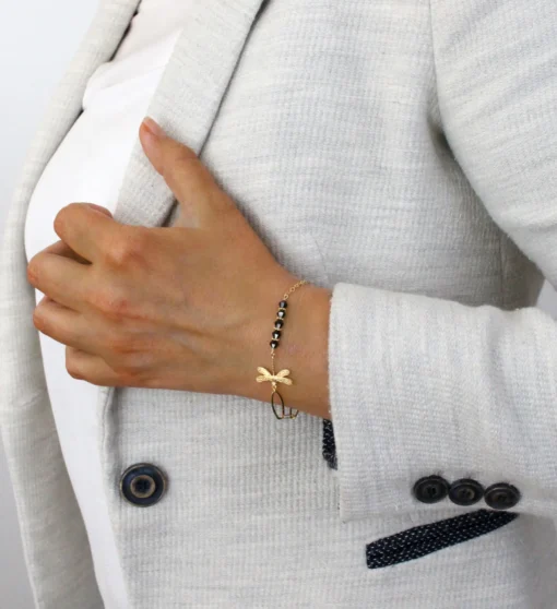 18K gold plated dragonfly bracelet with black crystals - Image 4