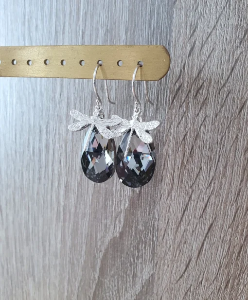 Rhodium plated dragonfly earrings with Black Diamond crystal drops - Image 3