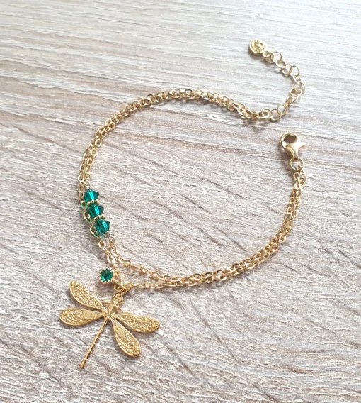 18K gold plated double chain dragonfly bracelet with Emerald crystals - Image 2