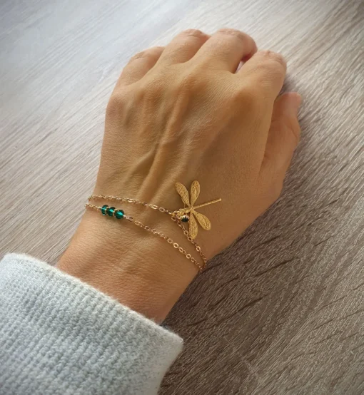 18K gold plated double chain dragonfly bracelet with Emerald crystals - Image 3