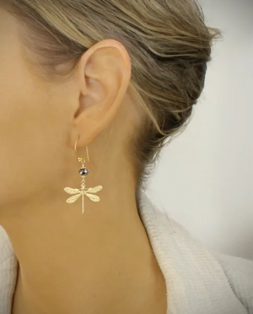 Gold Plated Dragonfly Earrings with Black Diamond Crystals: A Sparkling Touch of Elegance and Transformation - Image 2