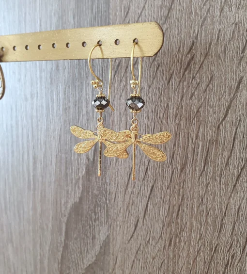 Gold Plated Dragonfly Earrings with Black Diamond Crystals: A Sparkling Touch of Elegance and Transformation - Image 3