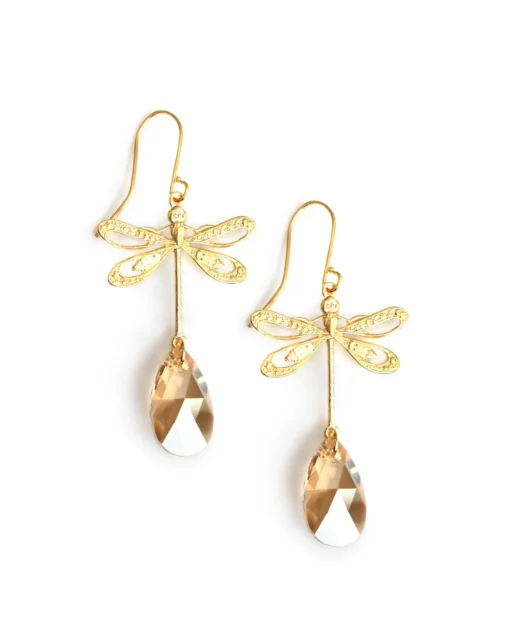 18K gold plated dragonfly earrings with Golden Shadow drops