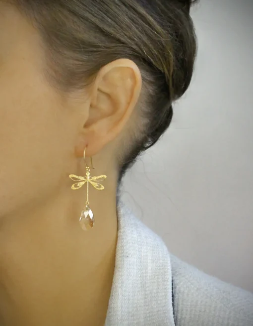 18K gold plated dragonfly earrings with Golden Shadow drops - Image 2