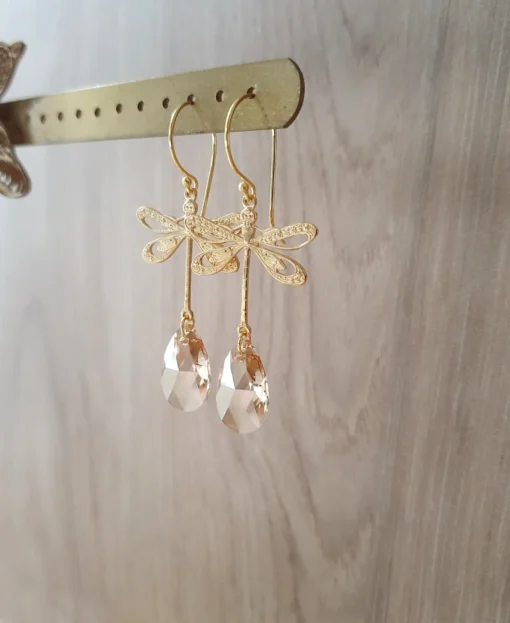 18K gold plated dragonfly earrings with Golden Shadow drops - Image 3