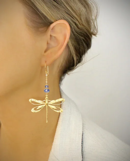 Enchanting 18K Gold-Plated Dragonfly Earrings with Sparkling Tanzanite Crystals – A Symbol of Transformation and Elegance - Image 2