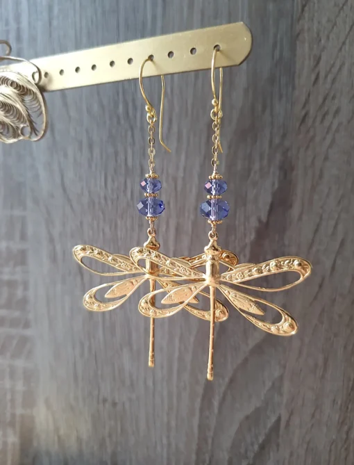 Enchanting 18K Gold-Plated Dragonfly Earrings with Sparkling Tanzanite Crystals – A Symbol of Transformation and Elegance - Image 3