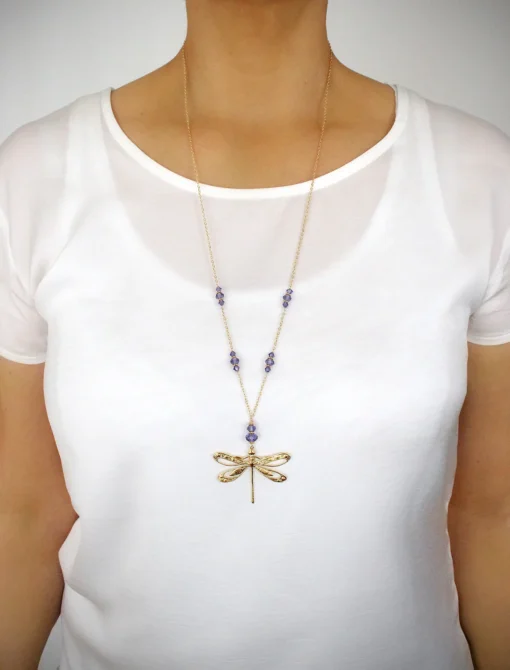 Graceful Dragonfly | 18K Gold Plated Long Necklace with Tanzanite Crystals - Image 2