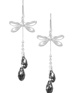 Rhodium Plated Dragonfly Earrings with Black Diamond Drops