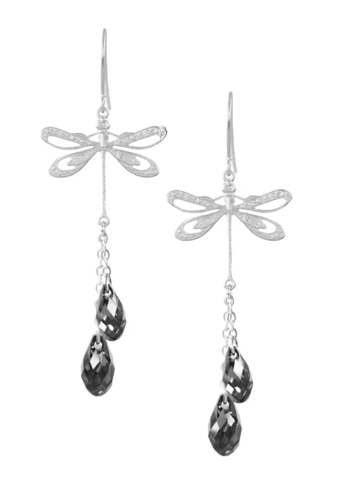 Rhodium Plated Dragonfly Earrings with Black Diamond Drops