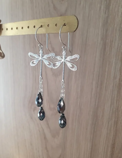 Rhodium Plated Dragonfly Earrings with Black Diamond Drops - Image 3