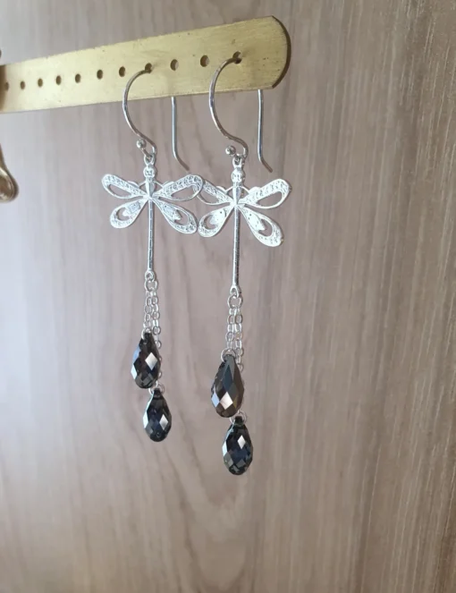 Rhodium Plated Dragonfly Earrings with Black Diamond Drops - Image 4
